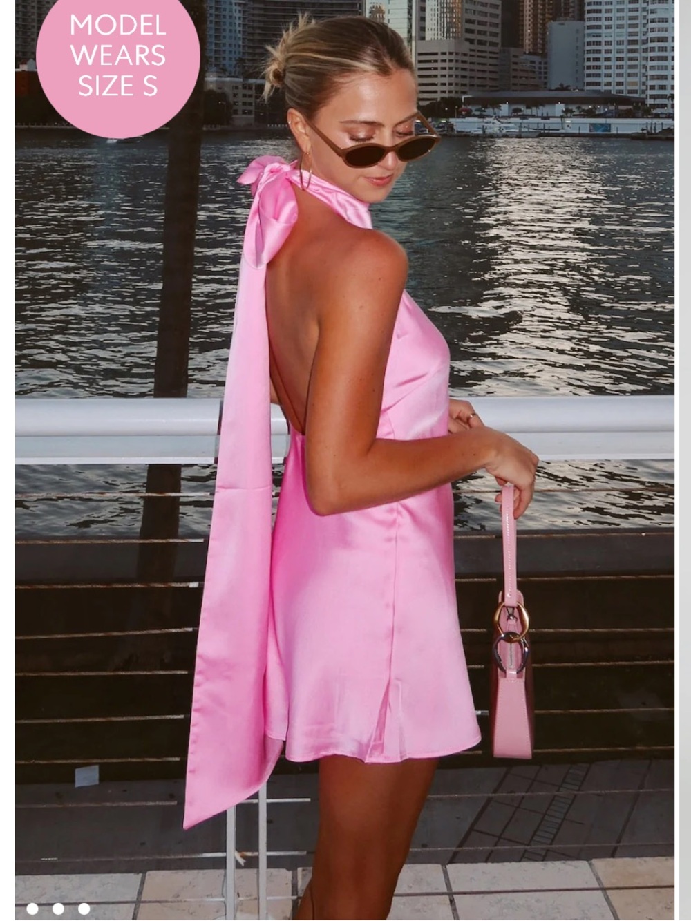 Show Me Your Mumu Lisa Mini Dress Pink Luxe Satin Halter Open Back Bow - Small